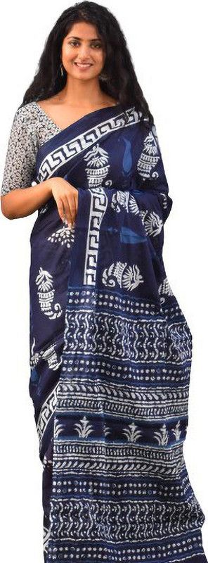 Printed, Self Design, Hand Painted, Blocked Printed, Graphic Print Ikkat Pure Cotton Saree  (Blue)