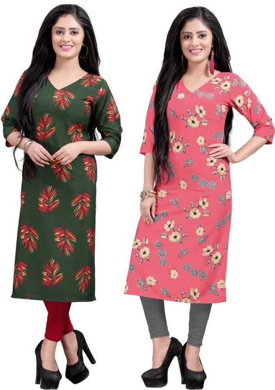 Women Self Design Crepe Straight Kurta  (Dark Green, Pink)