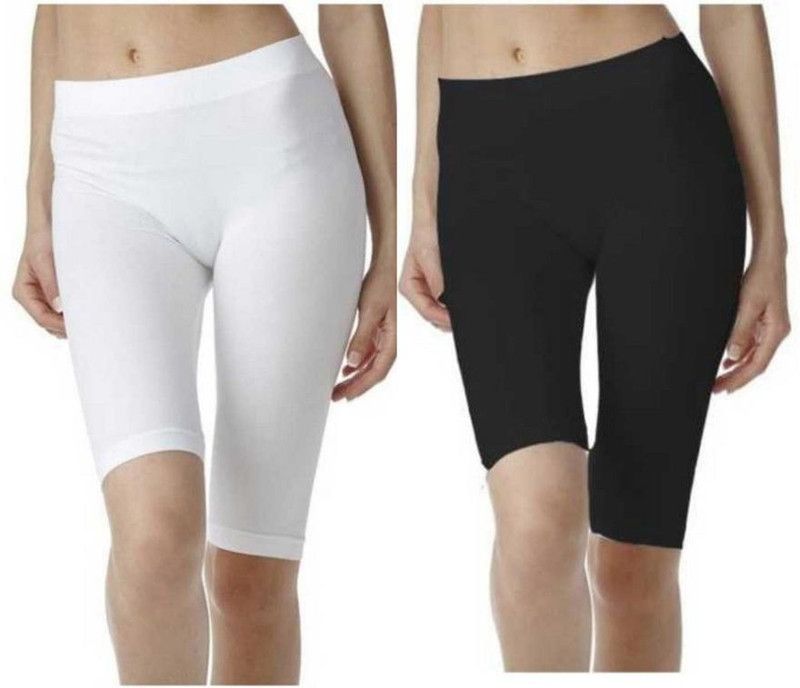 Pack of 2 Solid Women White, Black Cycling Shorts