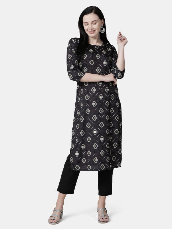 Women Geometric Print, Polka Print Crepe Straight Kurta  (Black)