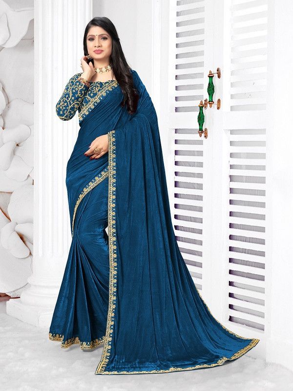 Embroidered Bollywood Velvet Saree  (Light Blue)