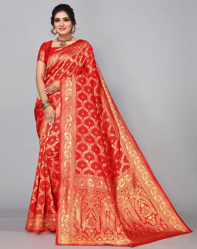 Geometric Print, Temple Border Banarasi Silk Blend Saree  (Red)