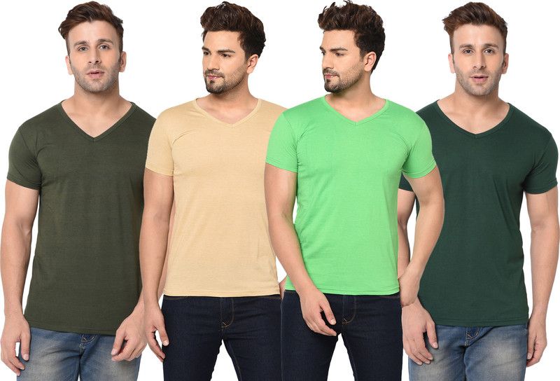 Pack of 4 Men Solid V Neck Cotton Blend Green, Beige, Light Green T-Shirt