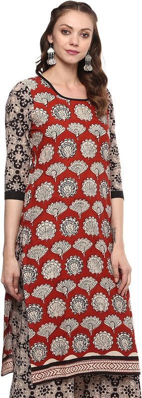 Women Block Print, Geometric Print Cotton Blend Straight Kurta  (Maroon)