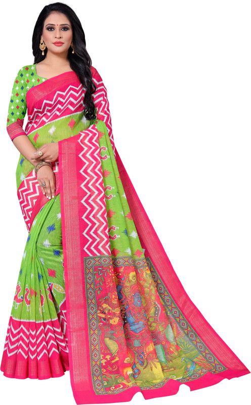 Printed Bollywood Cotton Linen Saree  (Green, Pink)