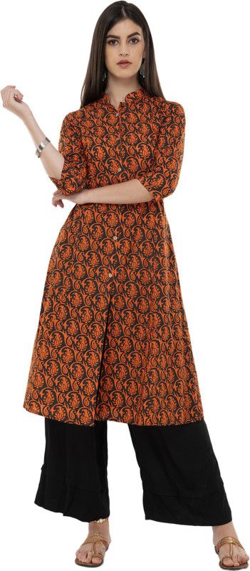 Women Block Print Cotton Blend A-line Kurta  (Orange)