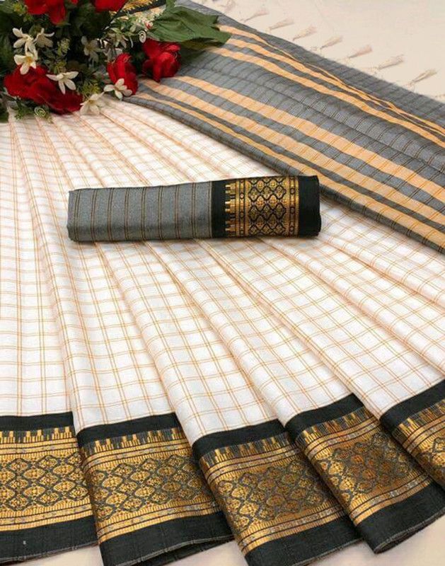 Embellished, Woven, Checkered Fashion Silk Blend Saree  (White, Black)