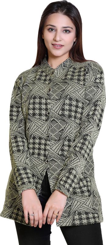 Women Printed Collared Neck Green Sweater