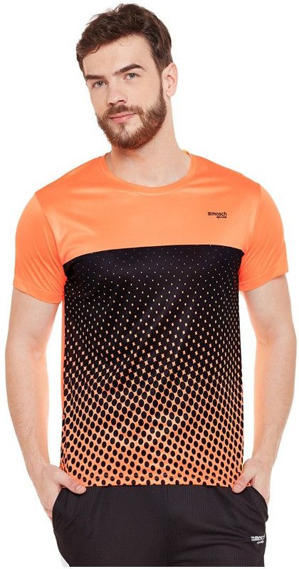Men Geometric Print Round Neck Polyester Orange T-Shirt