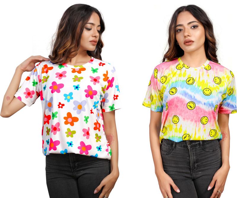 Pack of 2 Women Floral Print, Printed Round Neck Polyester White T-Shirt