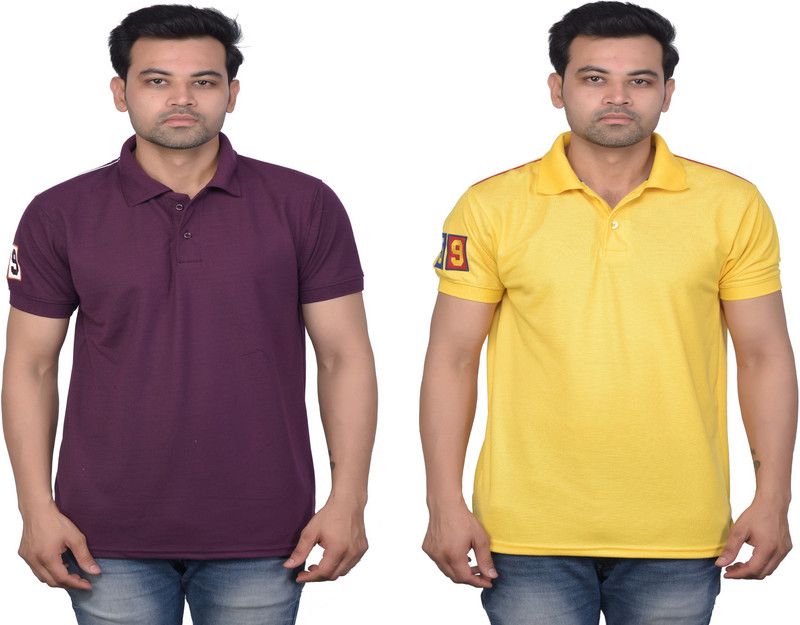 Solid Men Purple, Yellow T-Shirt  (Pack of 2)