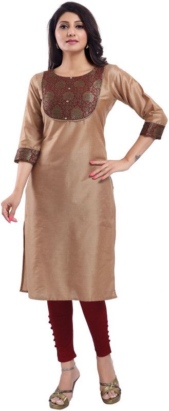 Women Printed Cotton Silk Straight Kurta  (Beige)