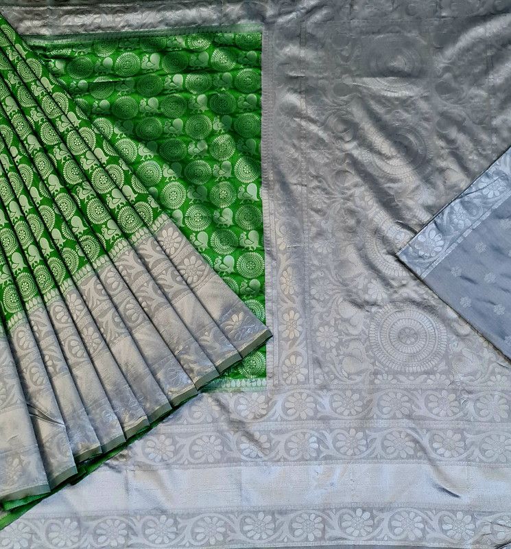 Woven Banarasi Cotton Silk Saree  (Green, Grey)
