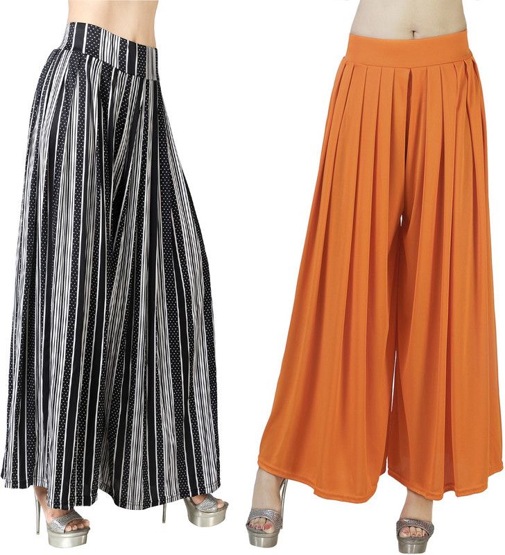 Pack of 2 Women Flared Black, Orange Lycra Blend Trousers