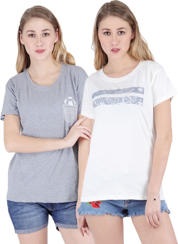 Pack of 2 Women Cotton Grey, Cream T-Shirt- Pack Of 2 Combo Women Printed Round Neck Cotton Blend White, Grey T-Shirt