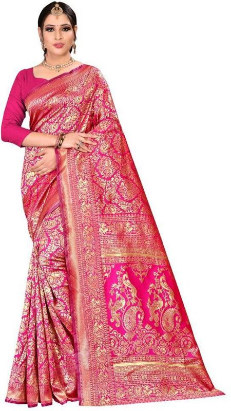 Printed Banarasi Art Silk Saree  (Gold, Pink)