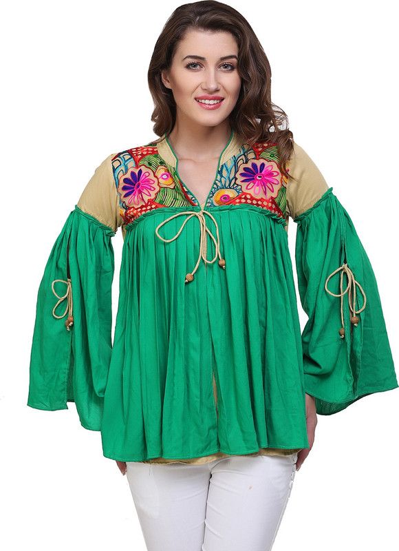 Party Flared Sleeves Embroidered Women Green Top