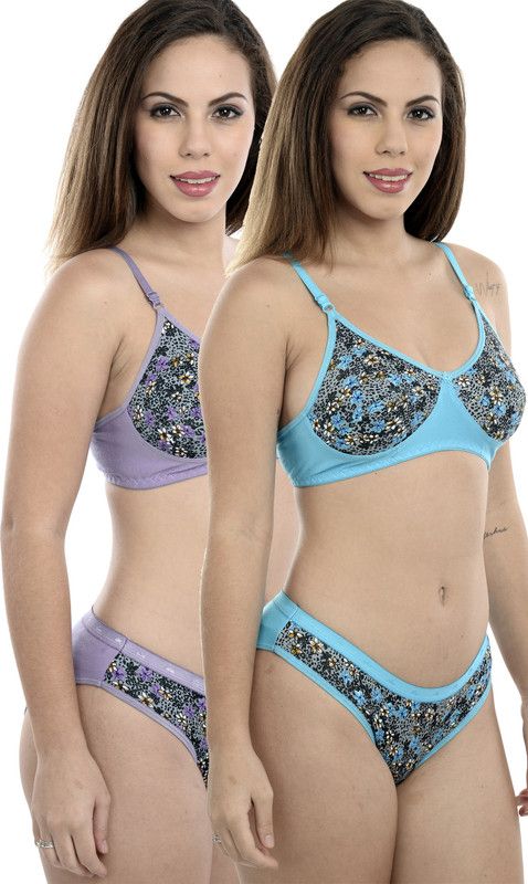 Bra & Panty Set Floral Print Purple, Blue Lingerie Set
