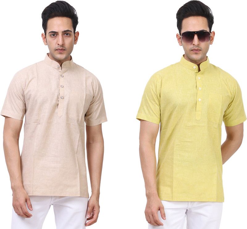 Pack of 2 Men Solid Pure Cotton Straight Kurta  (Beige, Yellow)