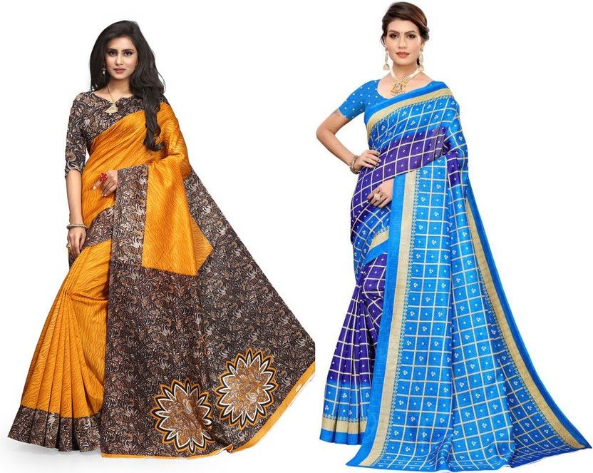 Printed Bollywood Art Silk Saree  (Yellow, Dark Blue)