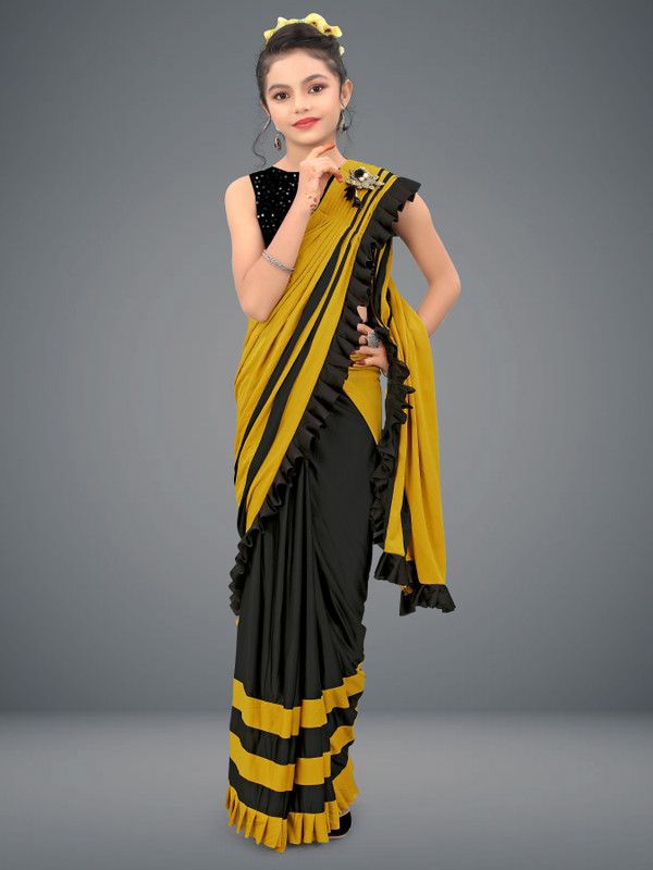 Color Block Bollywood Lycra Blend Saree  (Mustard)