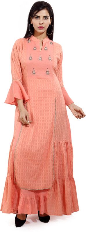 Women Embellished Pure Cotton Flared Kurta  (Pink)
