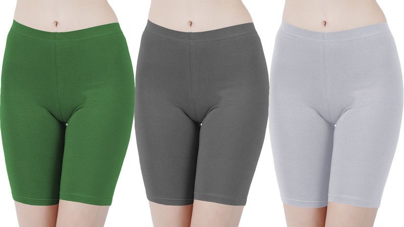 Pack of 3 Solid Women Green, Grey, Grey Cycling Shorts