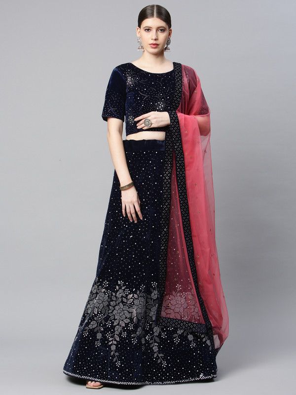 Embellished Semi Stitched Lehenga Choli  (Dark Blue)