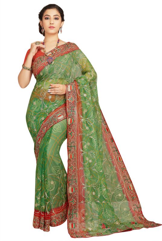 Printed, Embroidered Bandhani Georgette Saree  (Light Green)