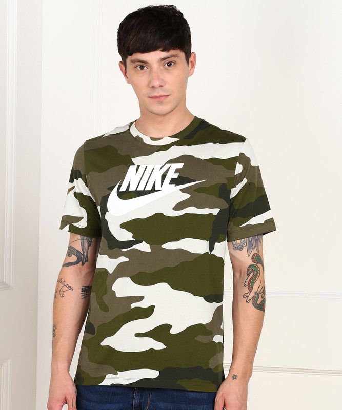 Men Military Camouflage Round Neck Pure Cotton White, Green T-Shirt