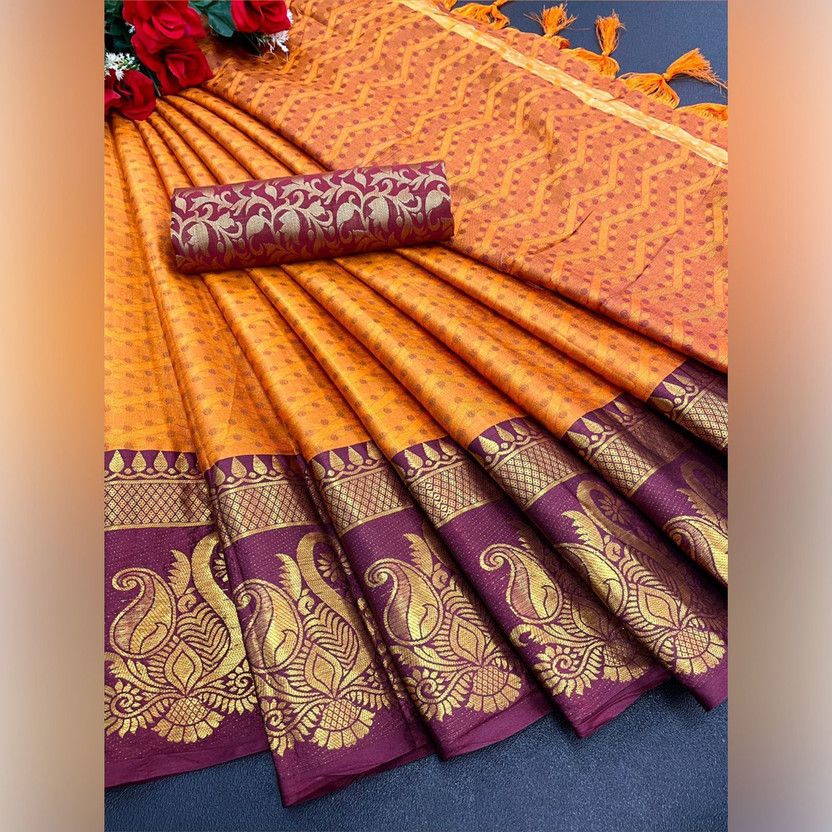 Self Design, Woven Bollywood Cotton Silk Saree  (Orange)