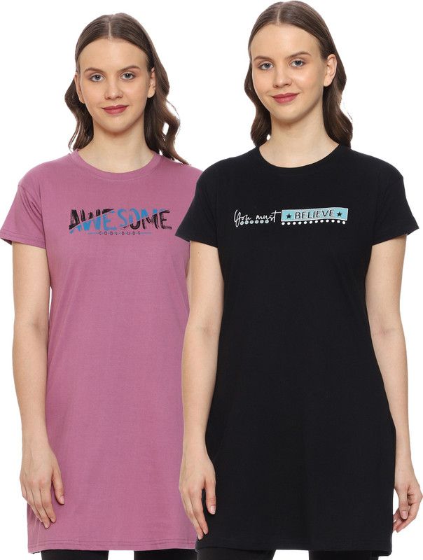 Pack of 2 Women Typography Round Neck Cotton Blend Purple T-Shirt