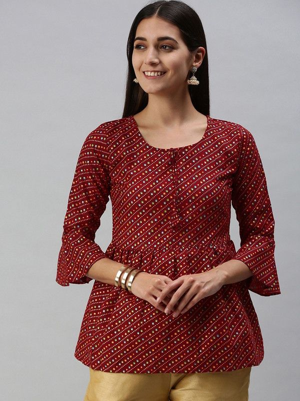 Casual Bell Sleeves Printed Women Multicolor, Maroon Top