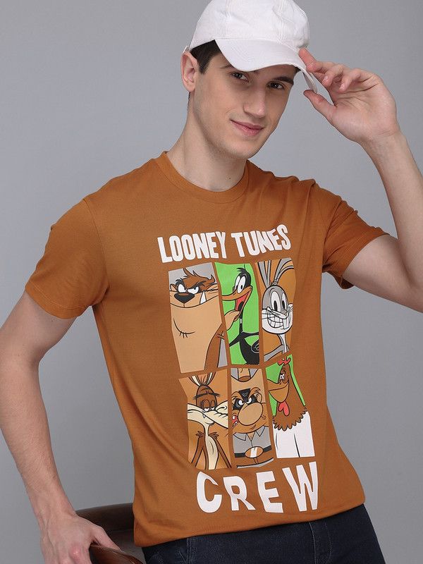 Looney Tunes Men Graphic Print Round Neck Pure Cotton Orange T-Shirt