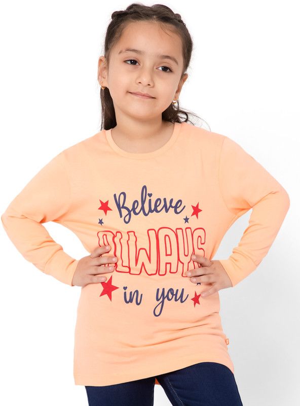 Girls Typography, Graphic Print Cotton Blend T Shirt  (Pink, Pack of 1)
