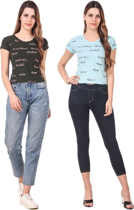 Pack of 2 Women Printed Round Neck Cotton Blend Green, Blue T-Shirt