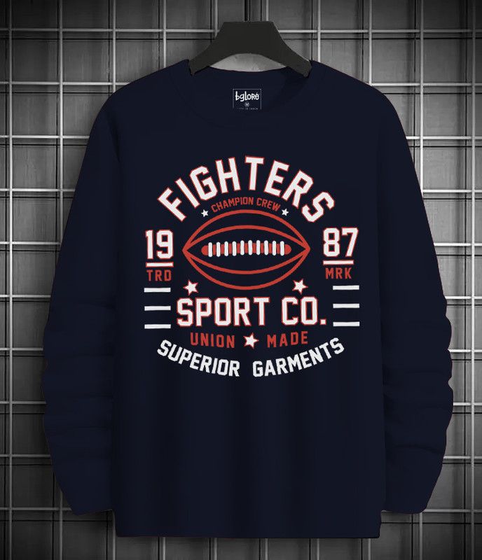 Men Graphic Print Round Neck Cotton Blend Navy Blue T-Shirt