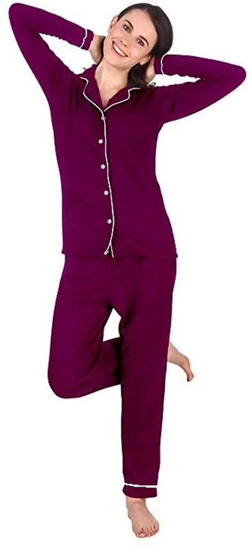 Women Shirt & Pyjama set Maroon Solid