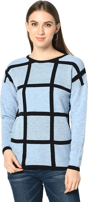 Women Checkered Round Neck Blue Sweater