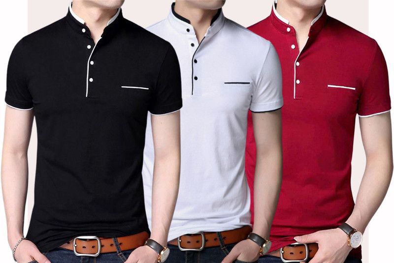 Pack of 3 Men Solid Mandarin Collar Cotton Blend White, Maroon, Black T-Shirt