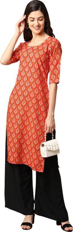 Women Printed Kurta  (Orange)