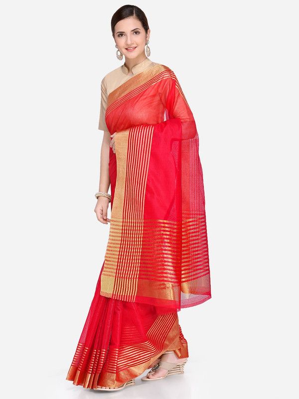 Self Design Kota Doria Cotton Silk Saree  (Red, Gold)