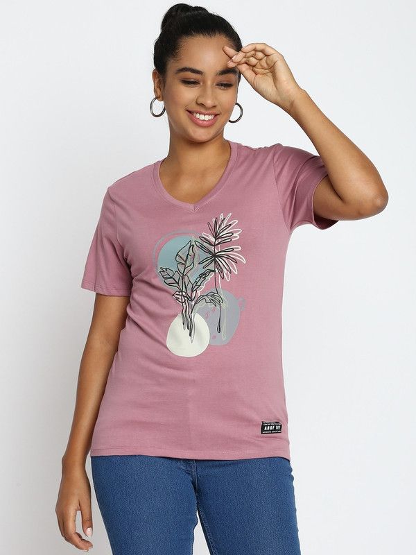 Women Printed V Neck Pure Cotton Purple T-Shirt