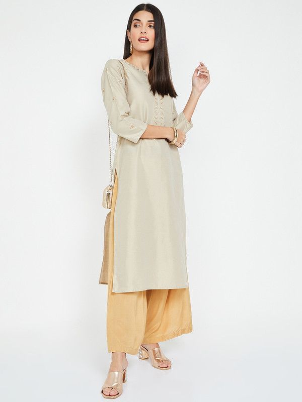 Women Embroidered Polyester A-line Kurta  (Beige)