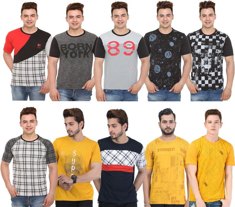 Pack of 10 Men Abstract, Graphic Print, Checkered Round Neck Cotton Blend Multicolor T-Shirt