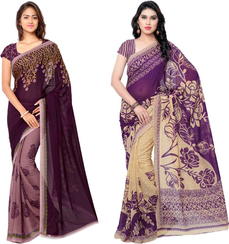 Bollywood Georgette Saree  (Pack of 2, Purple, Beige)