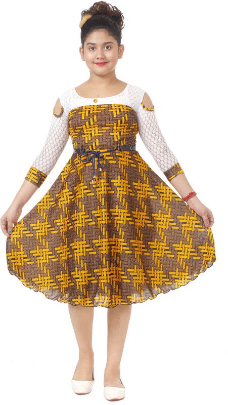 Midi/Knee Length Festive/Wedding Dress  (Yellow, 3/4 Sleeve)