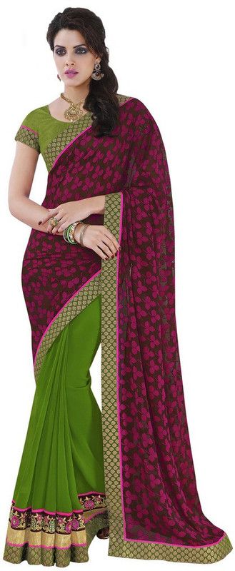 Embellished Bollywood Georgette, Cotton Blend Saree  (Red, Green)