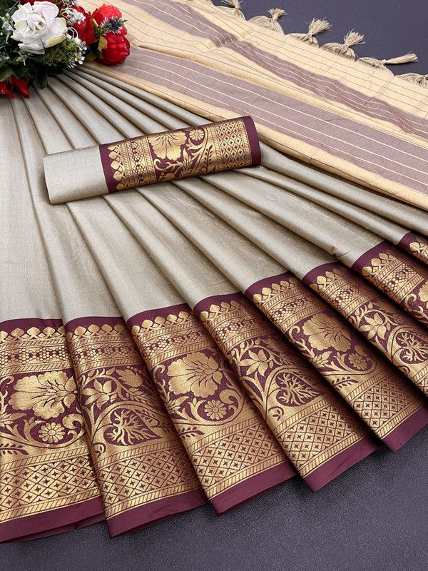 Dharmavaram Jacquard, Cotton Silk Saree  (Maroon, Beige)