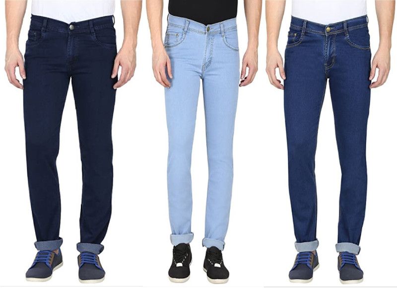 Men Regular Mid Rise Dark Blue, Light Blue, Blue Jeans  (Pack of 3)